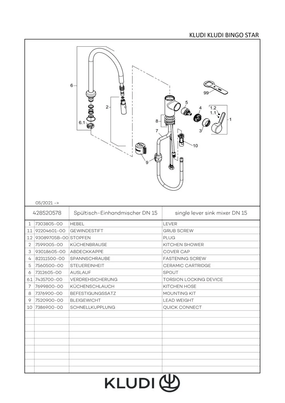 Kludi Wasserhahn mit herausziehbarer Brause, zerlegbar in mehrere Komponenten, dargestellt in einem technischen Diagramm mit Teilenummern und Beschreibungen.